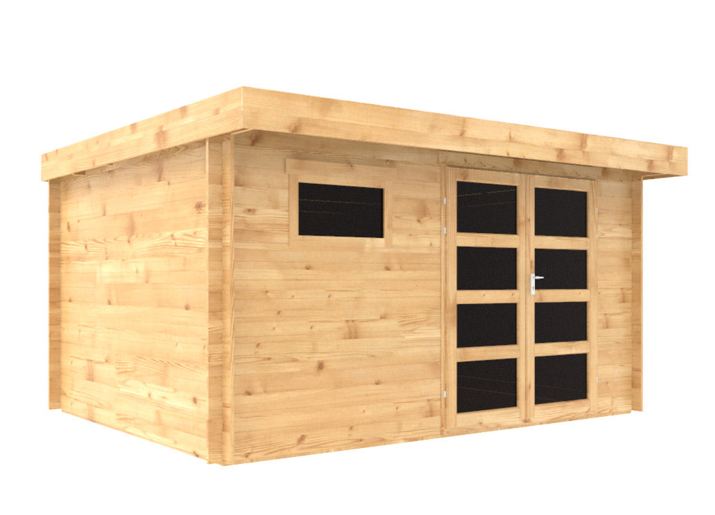 Abri de jardin bois Ep. 28mm, 13 m² – toit plat – Neuf – DESTOCKAGE