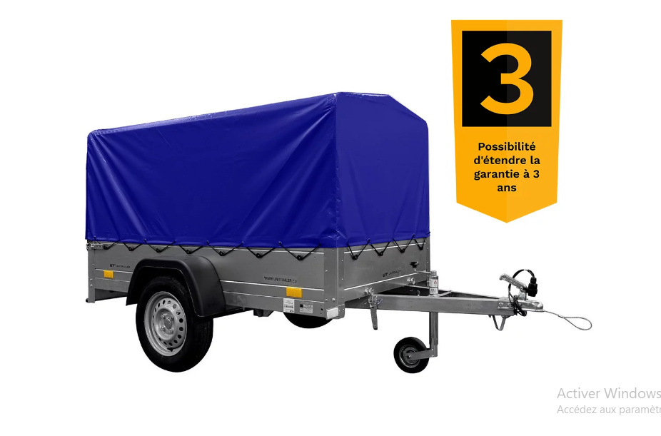 Remorque bagagère garden trailer 200 kipp 200 x 106 cm avec bâche haute bleue, arceau et roue jockey – Neuve – DESTOCKAGE