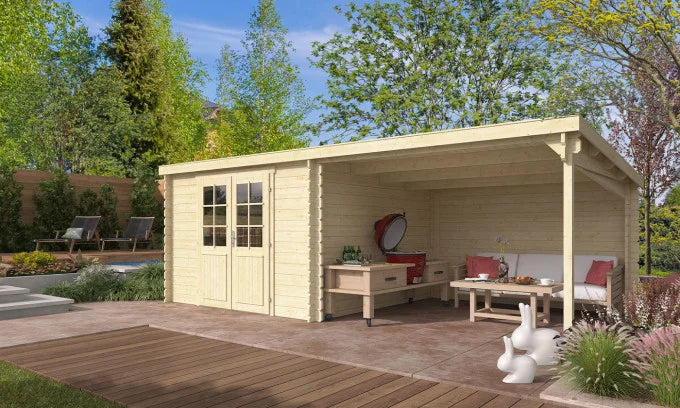 Abri de jardin Moussy 34mm - 8,13m² intérieur + préau 8.13m²