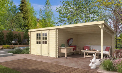 Abri de jardin Moussy 34mm - 8,13m² intérieur + préau 8.13m²