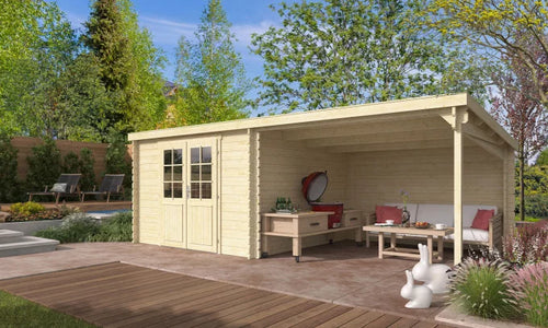Abri de jardin Moussy 34mm - 8,13m² intérieur + préau 8.13m²